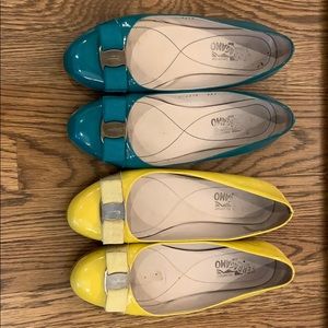 2 pairs of Authentic Yellow Patent Ferragamo Flats